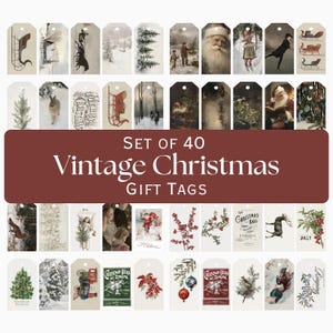 Printable Christmas Gift Tags Set of 40 Vintage Holiday Gift Tags Christmas Labels Instant Download Party Favor Tags Junk Journal Tags