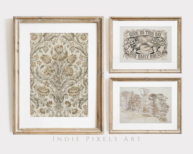 Fall Gallery Wall SET of 3 Vintage Neutral Prints Fall Wall Decor Rustic Fall Art Vintage Textile Autumn Prints Farmhouse Thanksgiving Decor
