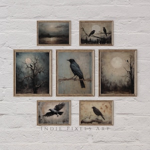 Halloween Gallery Prints SET Digital Prints Raven Crow Art Gallery Wall Halloween Wall Art Ravens Wall Art Vintage Halloween Art Set of 7