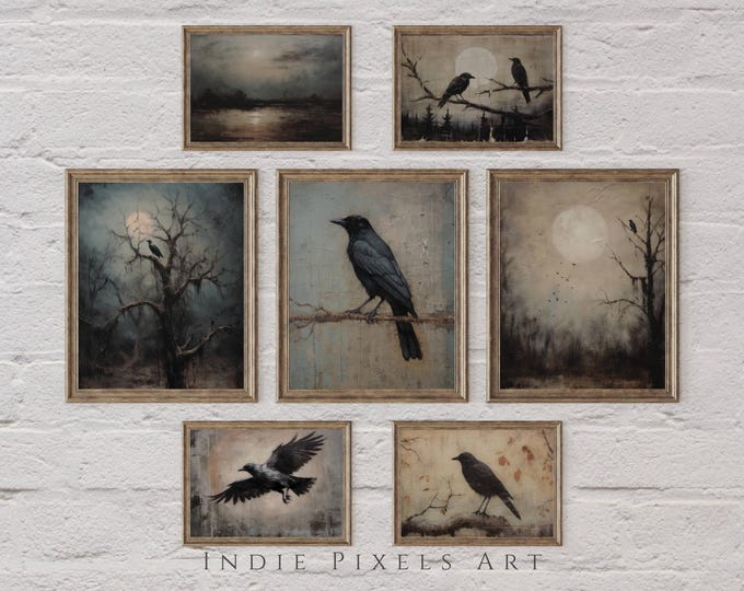 Halloween Gallery Prints SET Digital Prints Raven Crow Art Gallery Wall Halloween Wall Art Ravens Wall Art Vintage Halloween Art Set of 7