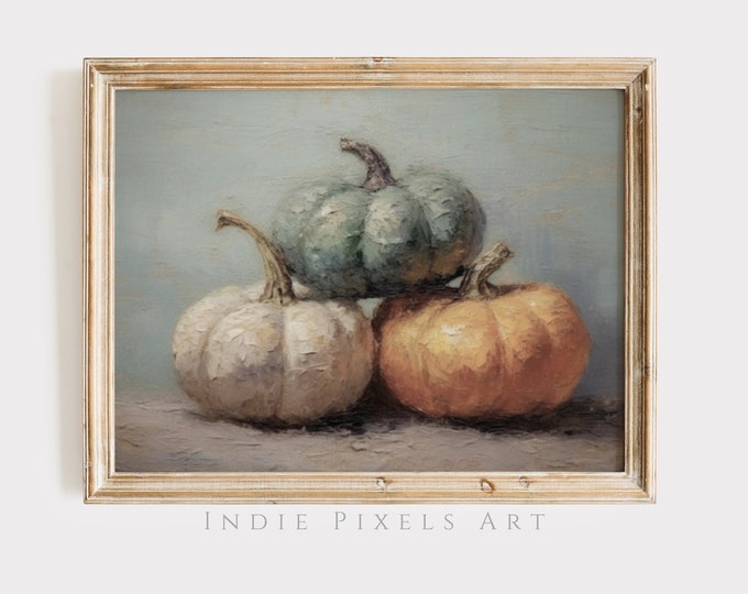 Fall Wall Decor Printable Pumpkin Still Life Painting Rustic Fall Art Vintage Autumn Wall Print Autumn Decor Thanksgiving Print Teal