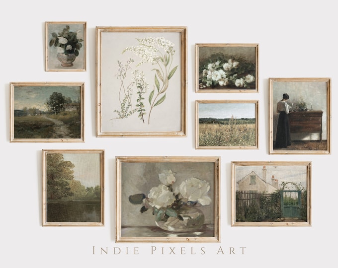 Rustic Country Spring Vintage Gallery Wall Art Set of 9 Prints | European Living Room Kitchen Decor Printable Set of Art Digital Downloads