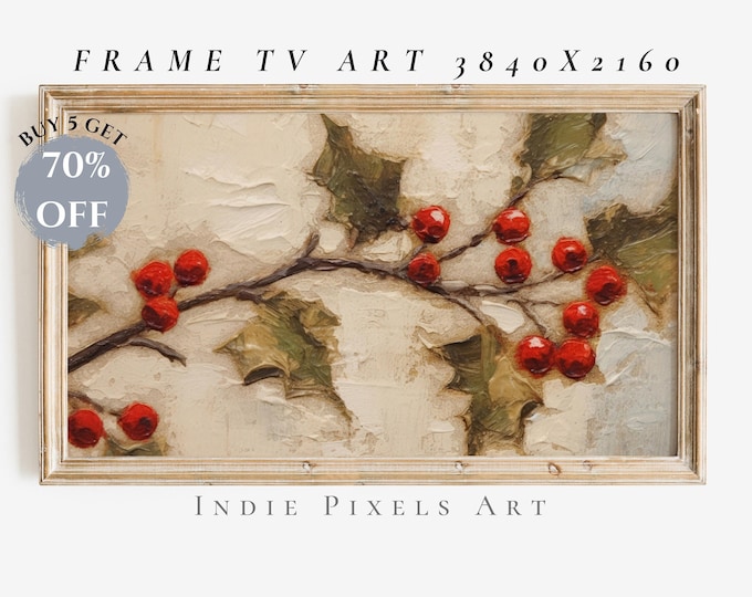 Frame TV Art Christmas Holly Samsung Frame TV Art, Farmhouse Painting Christmas Holiday Decor, Digital Download TV Art