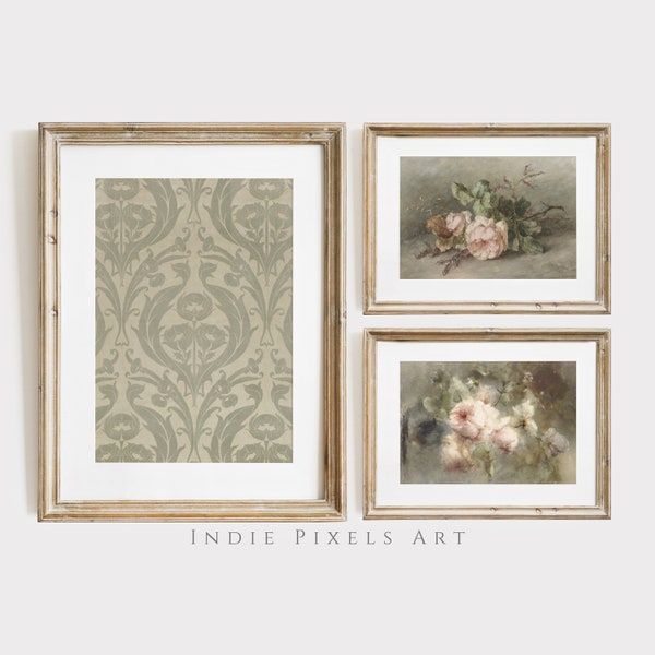 Vintage Muted Still Life Painting Set of 3 | Muted Pink and Gray Flowers Botanical Farmhouse Print Artful Floral PRINTABLE Fine Art