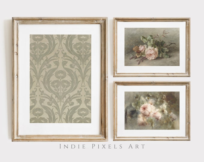 Vintage Muted Still Life Painting Set of 3 | Muted Pink and Gray Flowers Botanical Farmhouse Print Artful Floral PRINTABLE Fine Art