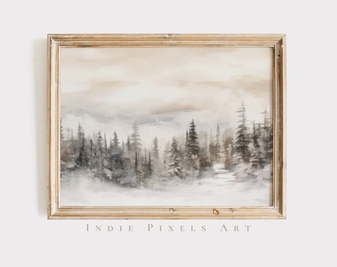 Snowy Winter Print Christmas Printable Wall Art, Farmhouse Winter Pine Forest Painting, Rustic Landscape Print, Digital Download