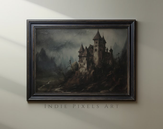 Dark Castle Moody Halloween Digital Print, Dracula's Castle Dark Victorian Gothic Art Dark Cottagecore Printable Wall Art