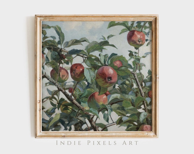 Country Kitchen Decor Vintage Apples Painting SQUARE Print | Fruit Still Life Painting Rustic Apple Tree Printable Rustic Kitchen Art