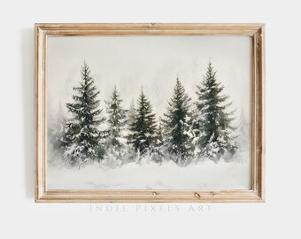 Winter Pine Forest Painting | Rustic Landscape Art (Digital Download)