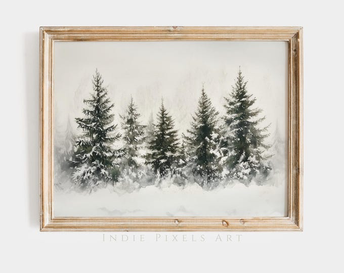 Winter Wall Art Printable Winter Pine Forest Christmas Trees Painting Digital Art | Rustic Winter Landscape Printable Digital Download