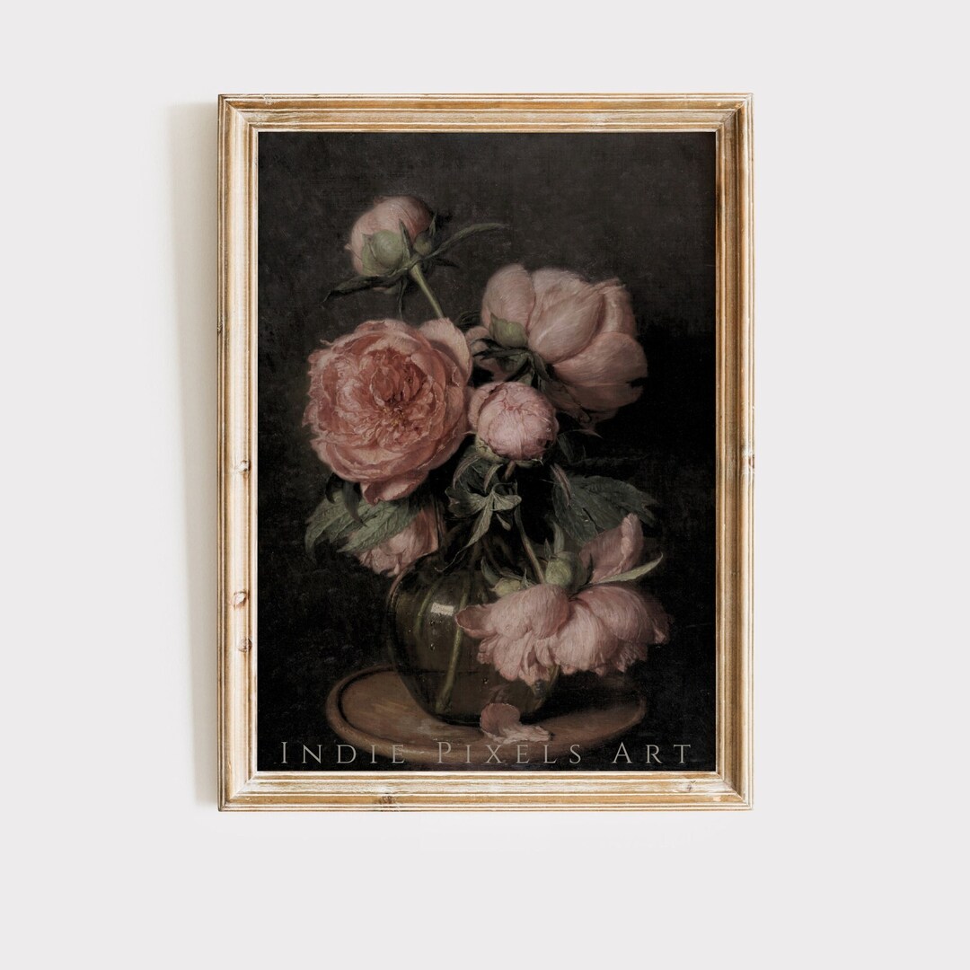 Vintage Flower Print Moody Roses Oil Painting | Cottage Wall Art ...