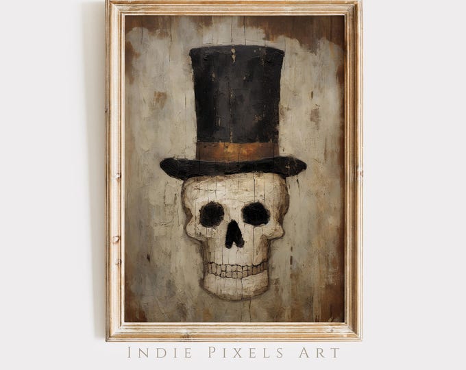 Halloween Prints Cute Skeleton Painting Printable Halloween Decor, Primitive Skeleton Digital Wall Art Prints Halloween Skull Wall Art