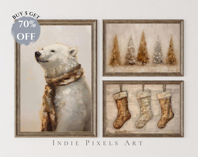 Primitive Christmas Prints Trees Cute Polar Bear Home Decor Digital Print Set of 3 Landscape Print Holiday Home Decor Digital Downlod