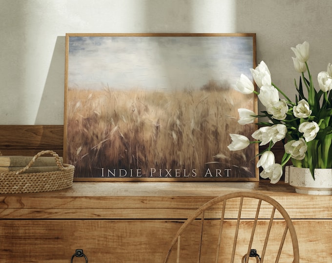 Wheat Field Painting Rustic Landscape Printable Wall Art Wheat Field Wall Decor Rustic Country Farmhouse Decor Earth Tone Decor
