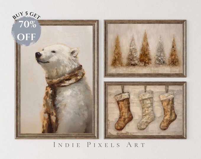 Rustic Neutral Christmas Gallery Wall Prints SET of 3 Digital Prints, Art Gallery Primitive Christmas Prints Holiday Wall Art Prints Set 10