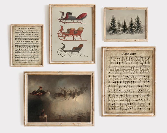 Christmas Art Prints Set Santa Sleigh Christmas Tree Gallery Prints