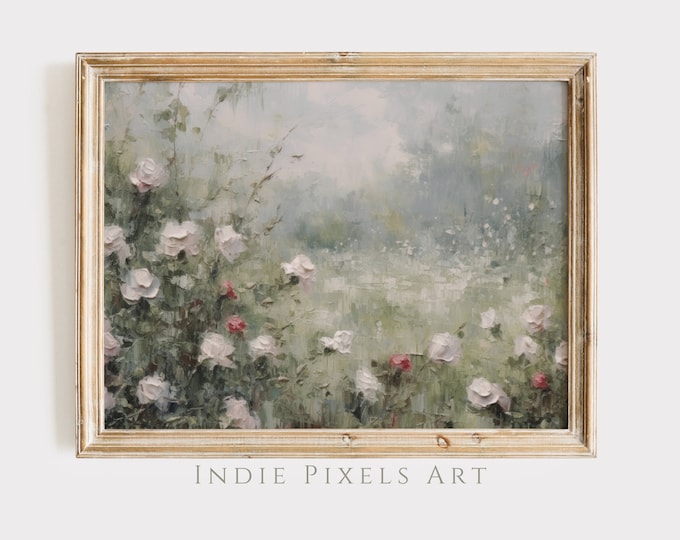 Muted Green Painting Artful Floral Landscape Farmhouse Decor Summer Field Landscape Printable Art Neutral Spring Meadow Wall Art
