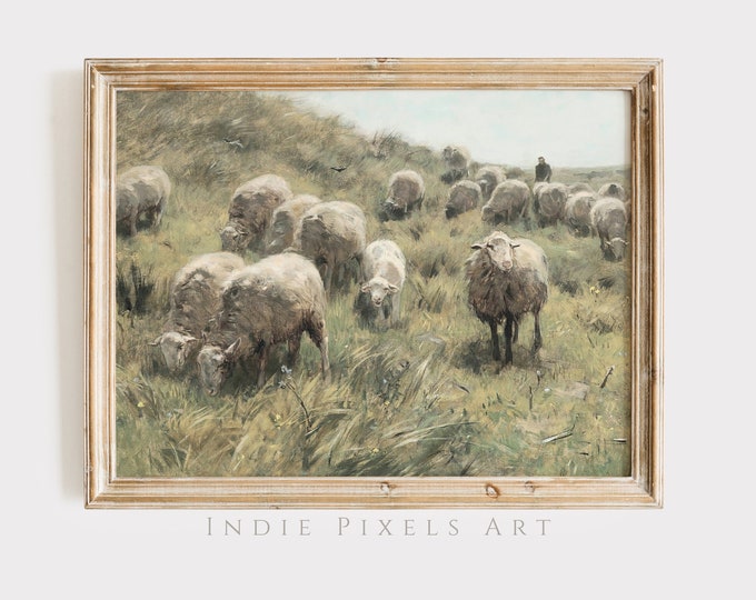 Vintage Farmhouse Decor Vintage Sheep Flock Painting Cottage Decor Print | Neutral English Country Farm Wall Art PRINTABLE Digital Art