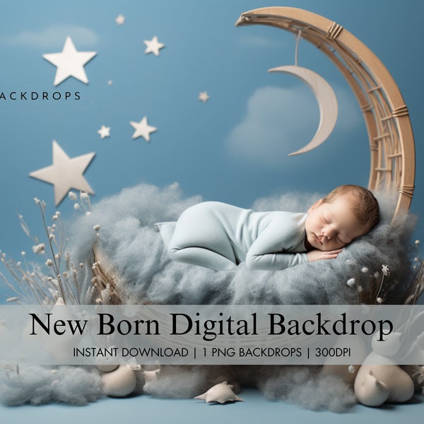 Newborn Digital Cozy Moon Cradle Backdrop, Blue Minimalist Digital Background, Newborn Composite Photography Studio, Baby Digital Photo Prop
