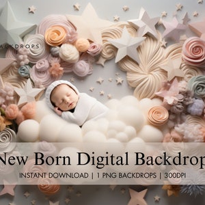 Newborn Digital Neutral Backdrop, Stars & Flowers Digital Background, Newborn Composite Photography Studio, Baby Digital Photo Prop