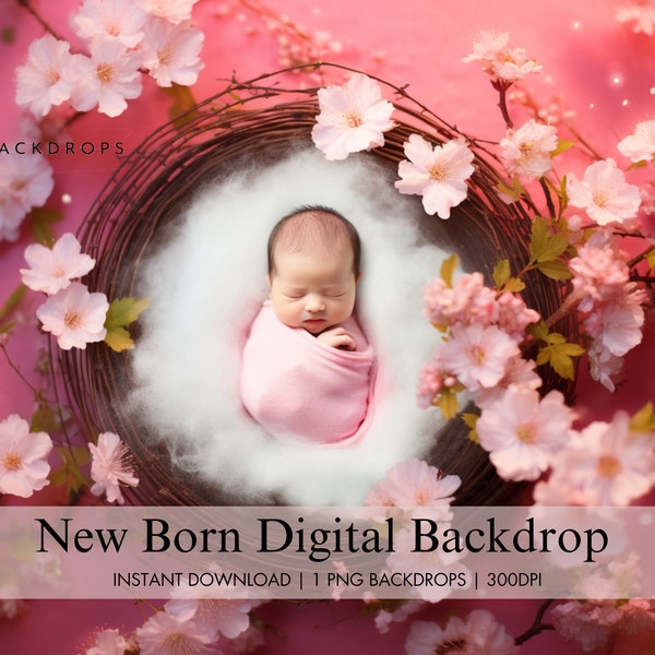 Newborn Digital Cherry Blossom Backdrop, Pink Flower Digital Background, Baby Girl Composite Photography Studio, Sakura Photo Prop