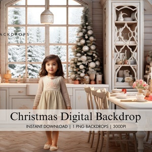 Christmas Digital Backdrop, Christmas Cottage Kitchen Digital Background, Holiday Composite Photography, Christmas Overlay Template
