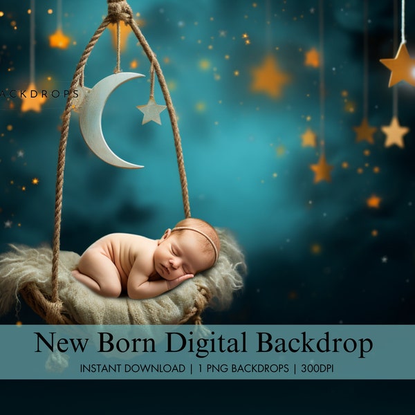 Newborn Digital Fairytale Swing Backdrop, Crescent Moon Digital Background, Baby Composite Photography Studio, Night Sky Digital Photo Prop