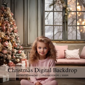 Pink Christmas Living Room Digital Backdrop, Family Maternity Digital Background, Holiday Composite Photography, Holiday Overlay Template