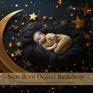 Newborn Moon Digital Backdrop, Magical Digital Background, Night Sky Composite Photography Studio, Celestial Gold Baby Digital Photo Prop