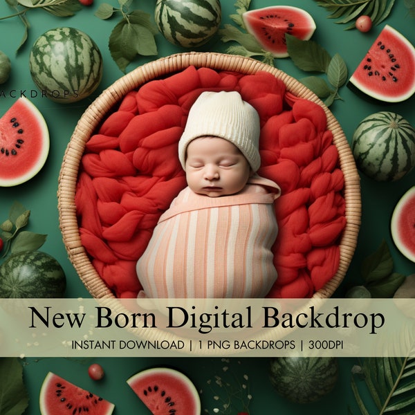 Newborn Digital Watermelon Backdrop, Whimsical Fruit Digital Background, Newborn Composite Photography Studio, Baby Digital Photo Prop