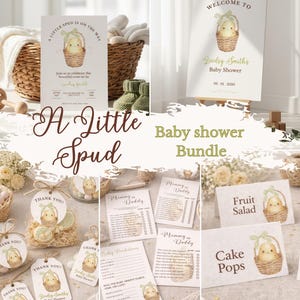 Könnte beinhalten: Ein Babyparty-Bundle mit Einladungen, einem Willkommensschild, Geschenkanhängern und Spielkarten. Das Design zeigt eine Aquarellillustration eines Küken in einem Korb. Der Text lautet "A Little Spud" und "Baby Shower".