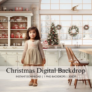 Christmas Digital Backdrop, Christmas Cottage Kitchen Digital Background, Holiday Composite Photography, Christmas Overlay Template