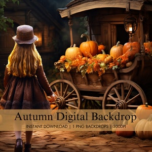 Digitale herfst pompoen kar achtergrond, herfst kinderen digitale achtergrond, samengestelde fotografiestudio voor kinderen, sprookjesachtige digitale foto prop