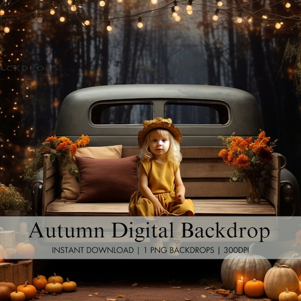 Digital Fall Vintage Truck Backdrop, Autumn Pumpkin Kids Digital Background, Childrens' Composite Photography Studio, Digital Photo Prop