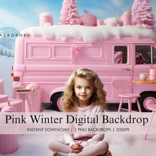 Pink Christmas Digital Backdrop, Doll Ice Cream Truck Digital Background, Holiday Composite Photography, Winter Overlay Template