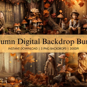 Digital Fall Woodland Backdrop, Autumn Mushroom Kids Digital Background, Childrens&#39; Composite Photography Studio, Infant Digital Photo Prop