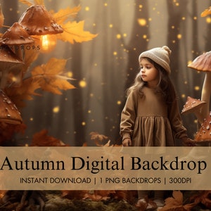 Digital Fall Woodland Backdrop, Autumn Mushroom Kids Digital Background, Childrens&#39; Composite Photography Studio, Infant Digital Photo Prop