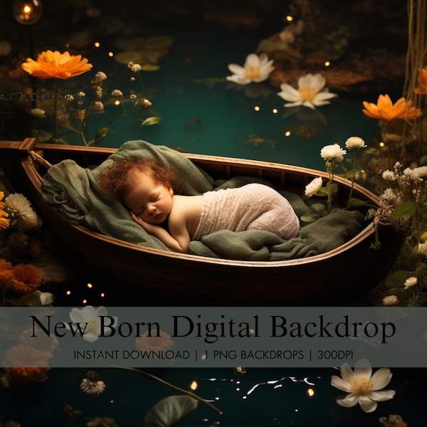 Newborn River Digital Backdrop, Cozy Boat Digital Background, Newborn Jungle Theme Composite Photography Studio, Baby Digital Photo Prop