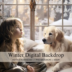 Christmas Digital Backdrop, Winter Digital Background, Holiday Composite Photography, Xmas Overlay Template With A Dog On The Window