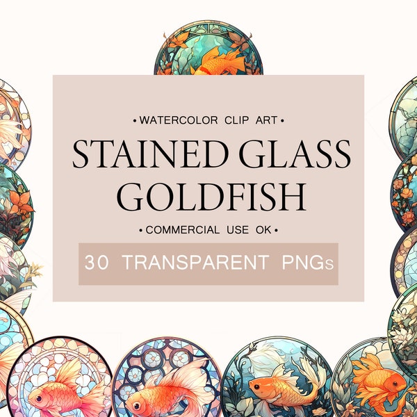 Watercolor Stained Glass Goldfish Clip Art, Goldfish Clipart, Downloadable Clip Art Bundle, Watercolor Clip Art, Clip Art For Commercial Use