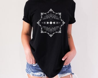 Mandala t-shirt, moon t-shirt, moon phase t-shirt, yoga t-shirt, meditation t-shirt, retreat t-shirt