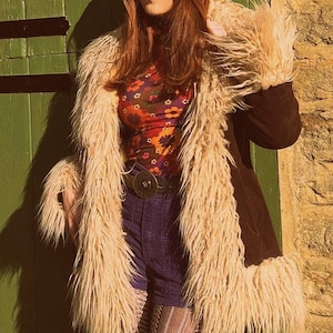Women's Brown Shearling Penny Lane Coat – 70s Vintage Afghan Suede Leather | Handmade Mid-Length Boho Overcoat | Cozy Winter Fashion Gift
