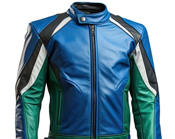 Men’s  Royal Blue Green Genuine Sheepskin leather Stand Collar Zip-up Biker Multicolor Outfit Sporty Slim-fit Café Racer Leather Jacket