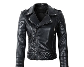 Women’s Black Biker Genuine Sheepskin Lapel Collar Café Racer Outfit Quilted Design Sporty Crossover Asymmetric Rider Leather Jacket