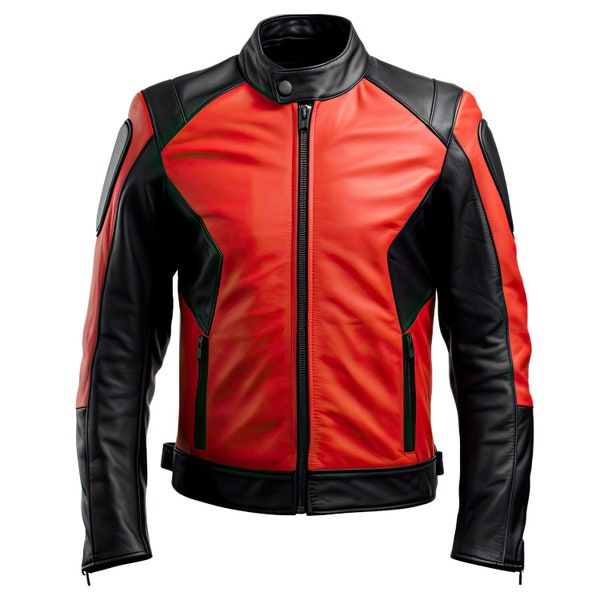 Men’s Red Black Genuine Sheepskin Stand Collar Café Racer Zip-up Outerwear Warm Stylish Slim-fit Motorcycle Leather Jacket