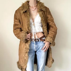 Vintage Brown Suede Afghan Shearling Coat 70s And 80&#39;s Style Boho Penny Lane Winter Jacket with Mongolian Fur Trim Perfect Gift For Her