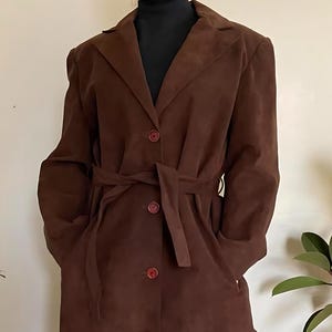 Women&#39;s Vintage Brown Suede Trench Coat, Real Leather Long Overcoat, Western Style Formal Outerwear, Elegant Classic Coat, Gift for Her