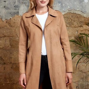 Women&#39;s Vintage Brown Suede Trench Coat – Real Leather Long Overcoat – Western Style Elegant Outerwear – Classic Formal Coat – Gift for Her