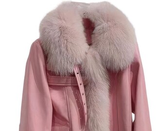 Giacca da donna in vera pelle di pecora Sherpa Shearling rosa chiaro con collo in pelliccia sintetica elegante giacca di pelle calda invernale slim fit alla moda coreana.