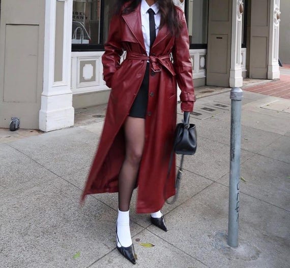 Women's Red Sheepskin Leather Trench Coat – Handmade Vintage 90s